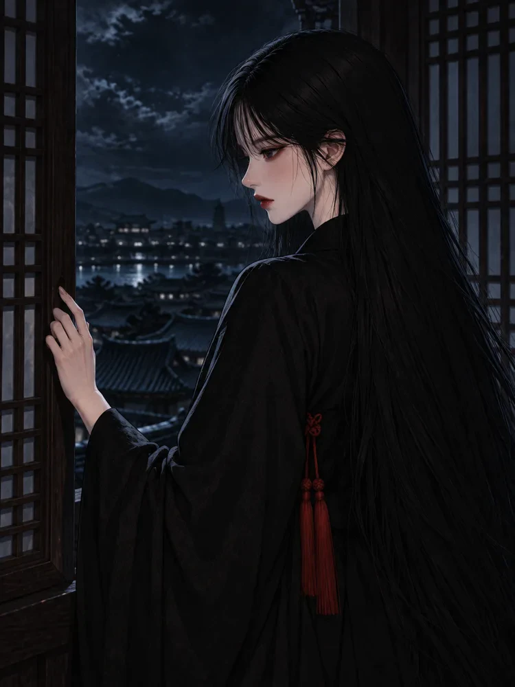 창밖을 내다보는 다홍신녀
